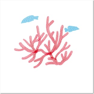 Pink coral and blue fish in the ocean Posters and Art